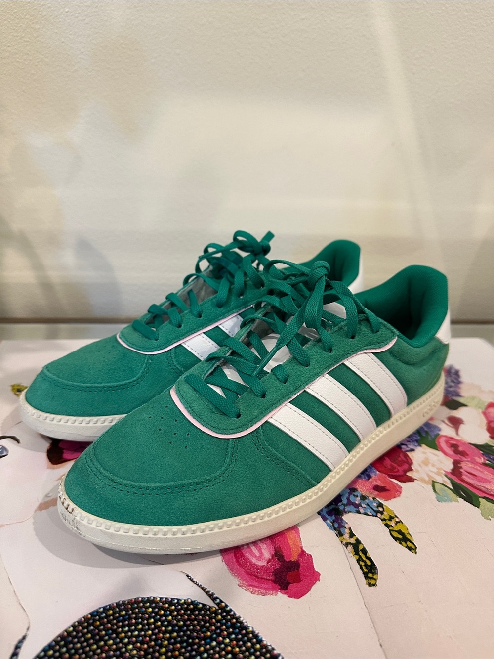 adidas Women's Teal Suede Sneakers with White Stripes